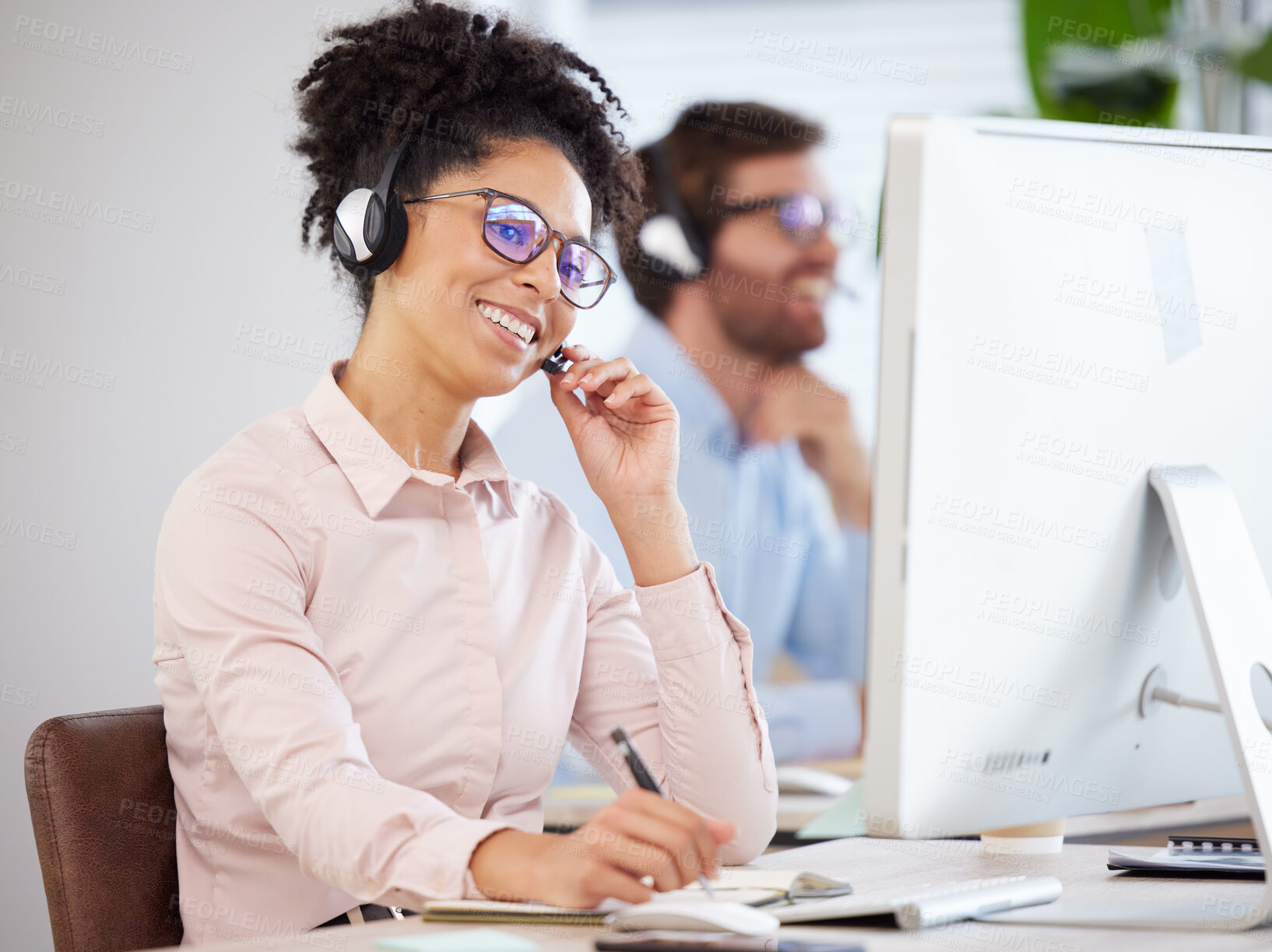 Buy stock photo Call center, black woman and customer service on computer, consulting agency and contact us, help and telemarketing company at office desk. Happy consultant, sales worker and business communication