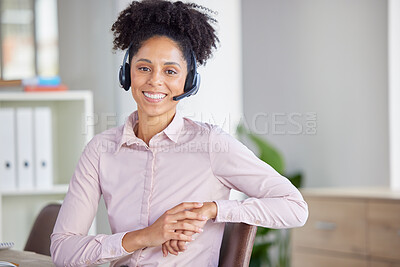 Buy stock photo Call center, communication and smile with portrait of black woman in office for consulting, telemarketing and customer support. Sales, receptionist and contact us with employee at help desk for crm 