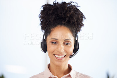 Buy stock photo Call center, customer support and smile with portrait of black woman for telemarketing, ecommerce and consulting. Crm, happy and face of employee with headset for sales, contact us and communication