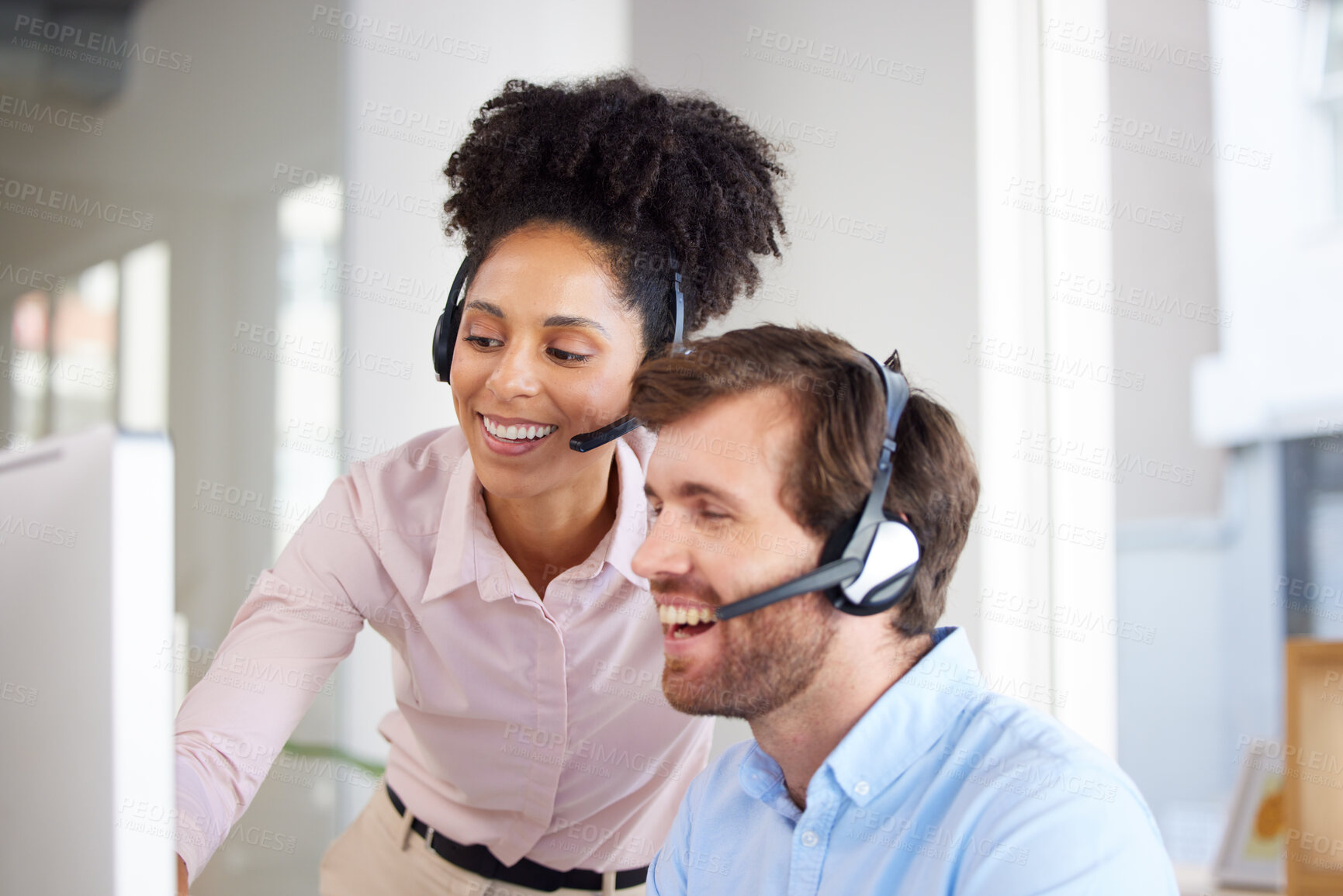 Buy stock photo Call center, telemarketing and team training for customer service agent advice in an agency. Contact us, support and consultant colleague computer education and help for hotline operator assistance