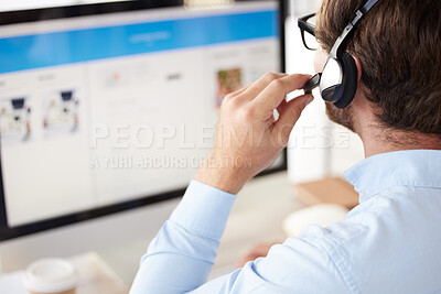 Buy stock photo Man, call center and headset for phone call, talking with clients and telemarketing in office at desk. Young male, agent or working with digital device, computer and for customer service and support 