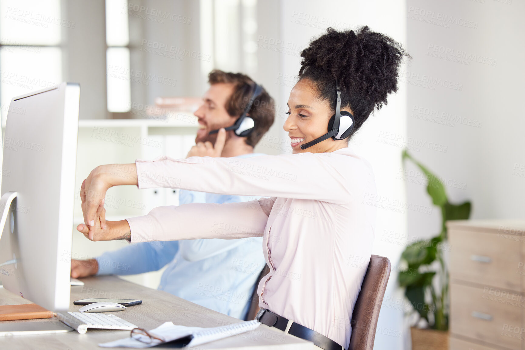 Buy stock photo Black woman, call center and stretching at desk with smile for work in contact us, customer service or crm. Tired, happy consultant and stretch hand in telemarketing, customer support or consulting