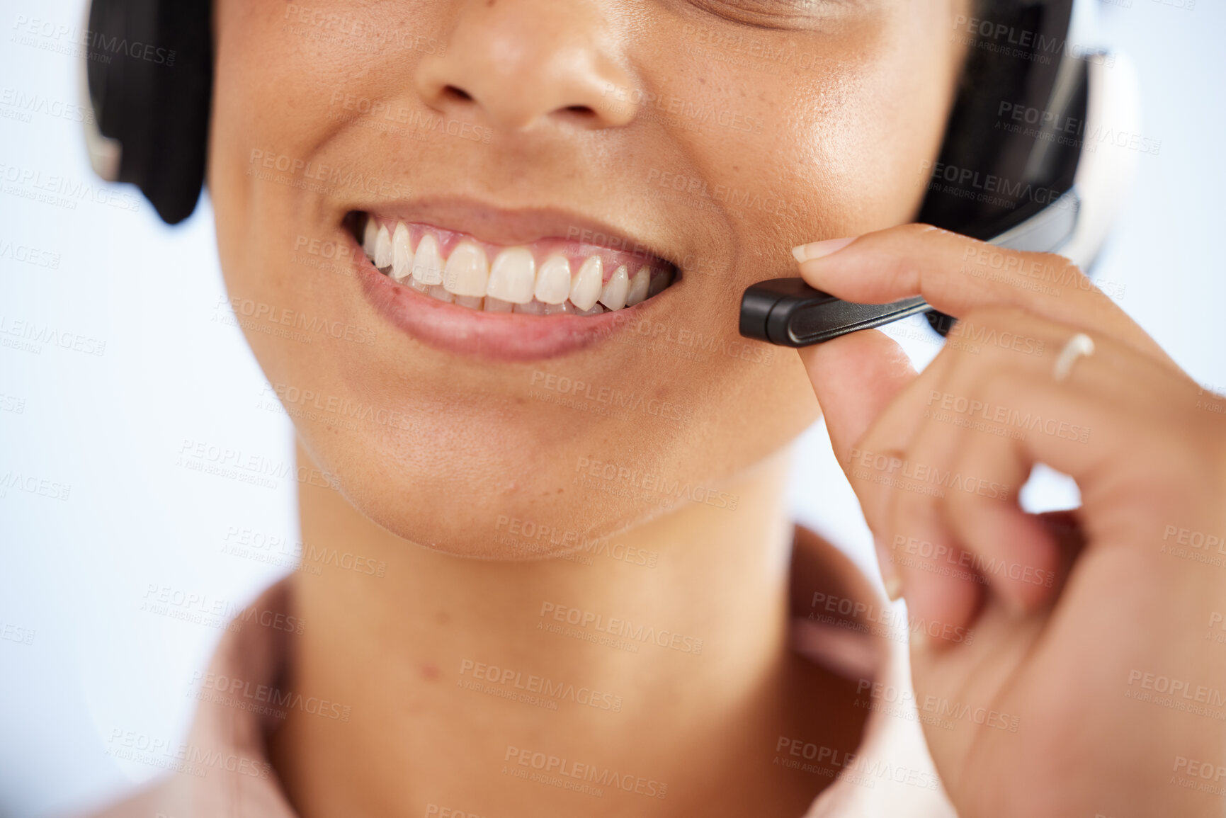 Buy stock photo Call center, happy smile or mouth telemarketing woman working in consultant, sales or a help desk. Contact us, crm and the smile of a woman consulting on customer service or customer support helpline