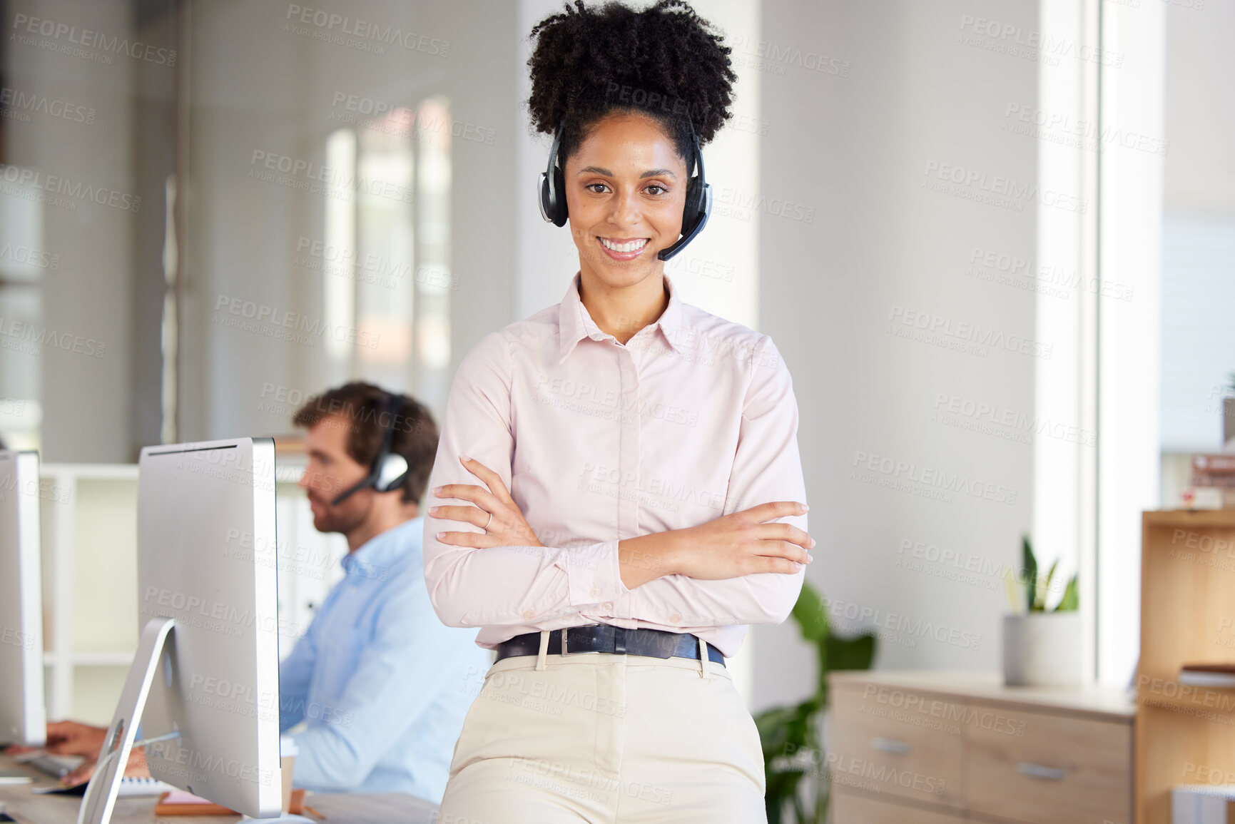 Buy stock photo Portrait of black woman, call center and customer service employee working in office of remote online telemarketing business. Proud crm consultant, female digital support and telecommunication worker