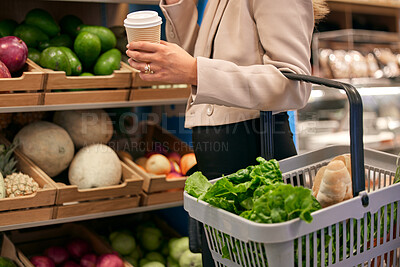 Buy stock photo Woman, shopping and supermarket for groceries, food and ingredients in store, for meal and with coffee. Inflation, customer and client purchase vegetables, shelf with products and consumer buying.