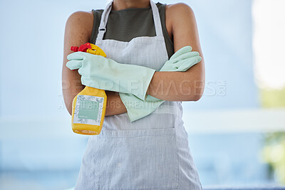 Buy stock photo Woman, cleaning and spray product in home, work or apartment for hygiene, germs or bacteria. Black woman cleaner, sanitizer bottle and spring cleaning for disinfection, service or safety in house