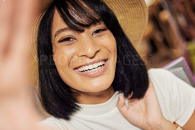 Buy stock photo Black woman shopping, selfie and happy face at a store feeling young and relax with a smile in the sun. Portrait of a person in New York with retail happiness and content lifestyle on a summer day