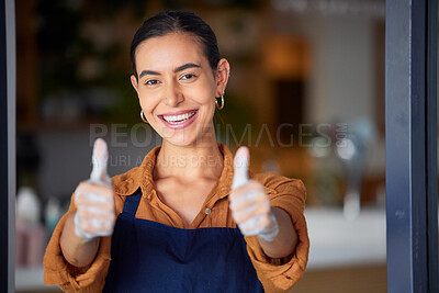 Buy stock photo Thumbs up, small business and shop, cafe or restaurant owner feeling happy, pride and ready for service at door of her store. Portrait of happy entrepreneur with hand sign for goal or success to open