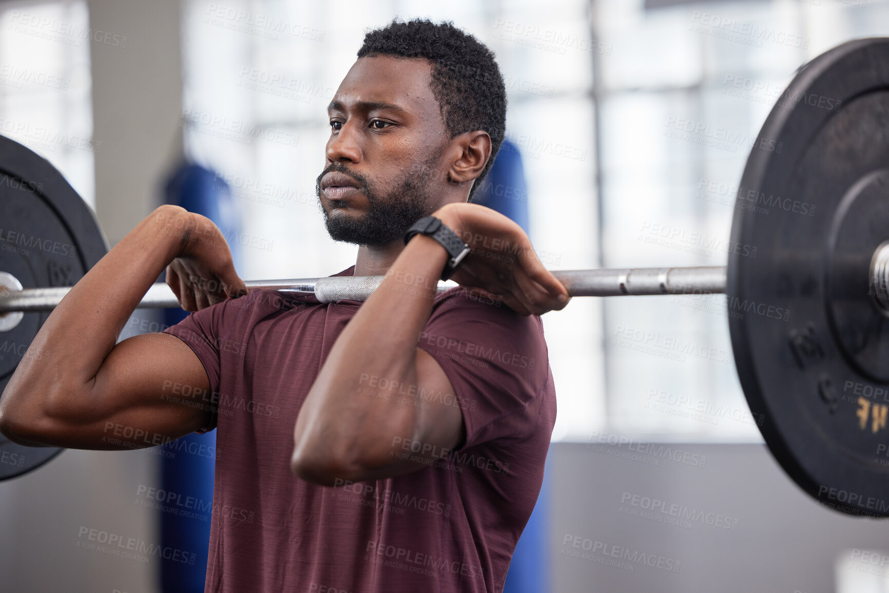 Buy stock photo Strong man, barbell overhead press and gym exercise, workout and functional training in sports club. Black man, bodybuilder and power weightlifting challenge with heavy weights, focus and motivation 