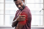 Man, shoulder pain and inflammation from sport exercise workout. African american athlete, frustrated black man and arm muscle injury or medical accident emergency during healthy fitness training 