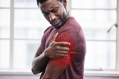 Buy stock photo Man, shoulder pain and inflammation from sport exercise workout. African american athlete, frustrated black man and arm muscle injury or medical accident emergency during healthy fitness training 