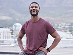 Portrait, black man and relax with smile in city happy, pride and confidence with digital watch. Confident, African American young male and guy being trendy, edgy and casual outdoor with happiness.