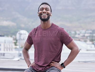 Buy stock photo Portrait, black man and relax with smile in city happy, pride and confidence with positive mindset. Fitness, African American young male and guy being trendy, edgy and casual outdoor with happiness.