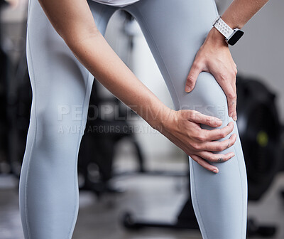 Buy stock photo Hand, leg pain and woman at the gym in fitness fail, muscle training mistake or joint discomfort. Sports woman, knee pain and girl suffering from arthritis, inflammation or bruise during workout