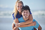 Couple, portrait and piggy back at beach relaxing in exercise, workout and fitness clothes. Ocean, love and health of happy people enjoying active outdoor lifestyle break together with smile.