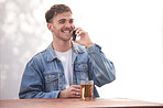 Beer, alcohol and phone call communication for man talking, discussion and speaking to 5g mobile contact. Conversation, shop service and happy gen z person relax with glass drink at outdoor pub table