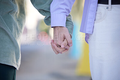 Buy stock photo Love, happy and freedom with gay couple holding hands for support for lgbtq, equality and pride. Homosexual, partner and relationship with man for union, dating and lifestyle in urban city together