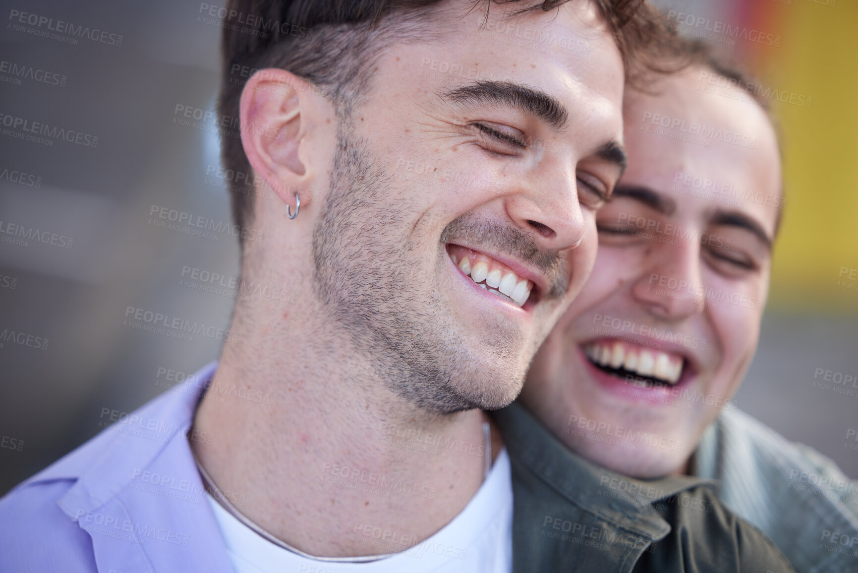 Buy stock photo Gay, couple and happy faces together with love, trust and care loving lgbt and relationship hug. Lgbtq people, man lovers or friends hugging proud of homosexual lifestyle with happiness and freedom