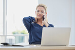 Phone call, stress and neck pain with a business woman at work on a laptop in her office alone. Computer, posture and communication with a female employee working or talking on a mobile at her desk