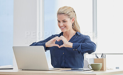 Buy stock photo Laptop, hand heart and business woman in an office, smile and happy while on video call with investor for startup. Hands, love and woman entrepreneur showing thank you sign in a video conference