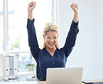 Winner, success and business woman with laptop celebrate job satisfaction, promotion or successful project deal in office. Yes, achievement and celebration of victory with corporate, company and tech