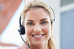 Call center, smile and selfie of business woman for telemarketing, customer support and consulting. Contact us, sales and networking with portrait of employee for help, technology and advertising