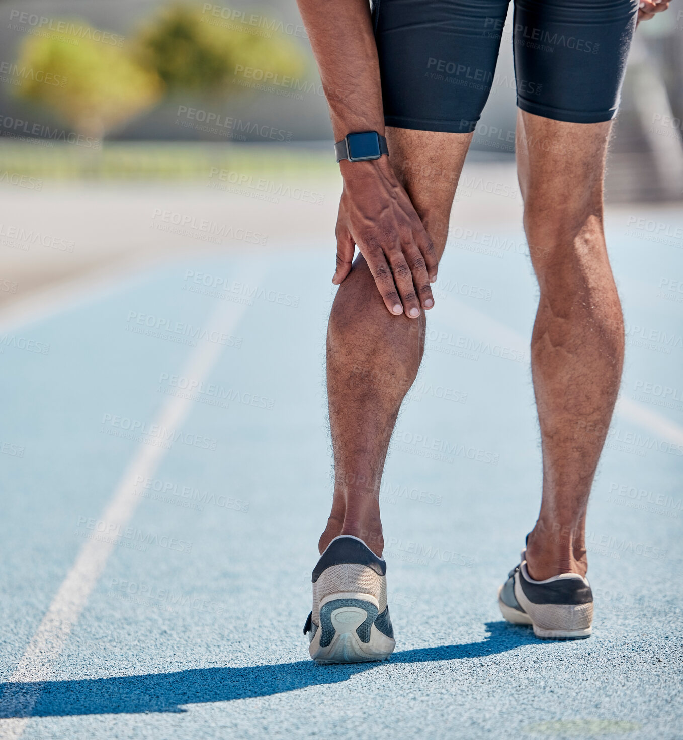 Buy stock photo Legs injury for man running on track for cardio workout, sprint competition or marathon race. Muscle pain, calf problem and athlete runner with medical emergency while training for fitness workout 