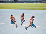 Runner group, women and stretching on ground for fitness, talk or sport in training, workout or exercise. Running team, athlete woman and diversity in conversation on sports field for warmup in sun