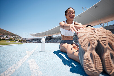 Buy stock photo Woman, legs stretching and audio fitness on stadium track before runner competition or training workout. Athlete trainer, body exercise warm up and streaming wellness motivation podcast for health