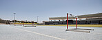 Stadium, hurdles and sports event for exercise, olympics and training with no people, space and mockup. Sport, venue and hurdling workout at an empty track for workout, healthy lifestyle and venue 