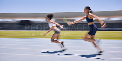 Buy stock photo Relay race, running and sports women at a stadium for training, energy and workout. Sport, runner and baton pass on a running track by athletic team for fitness, marathon and speed performance 