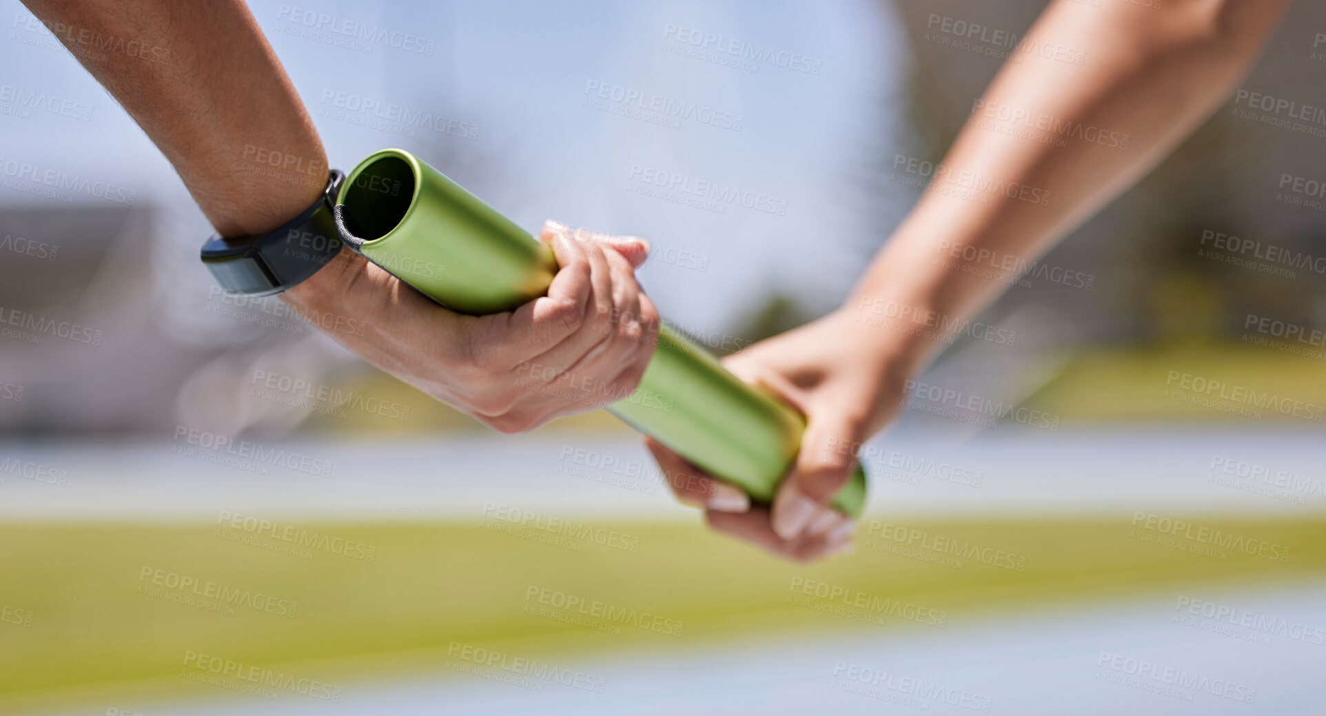 Buy stock photo Sports, running and hands of runner with baton for exercise, fitness and speed at stadium. Sport, hand and team relay race challenge at running track by people marathon training, workout and energy