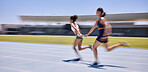 Speed race, relay and woman running in marathon competition, sports event or high energy track sprint. Action, moving and teamwork of fast athlete, runner or women cardio training for France olympics