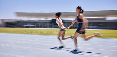 Buy stock photo Speed race, relay and woman running in marathon competition, sports event or high energy track sprint. Action, moving and teamwork of fast athlete, runner or women cardio training for France olympics