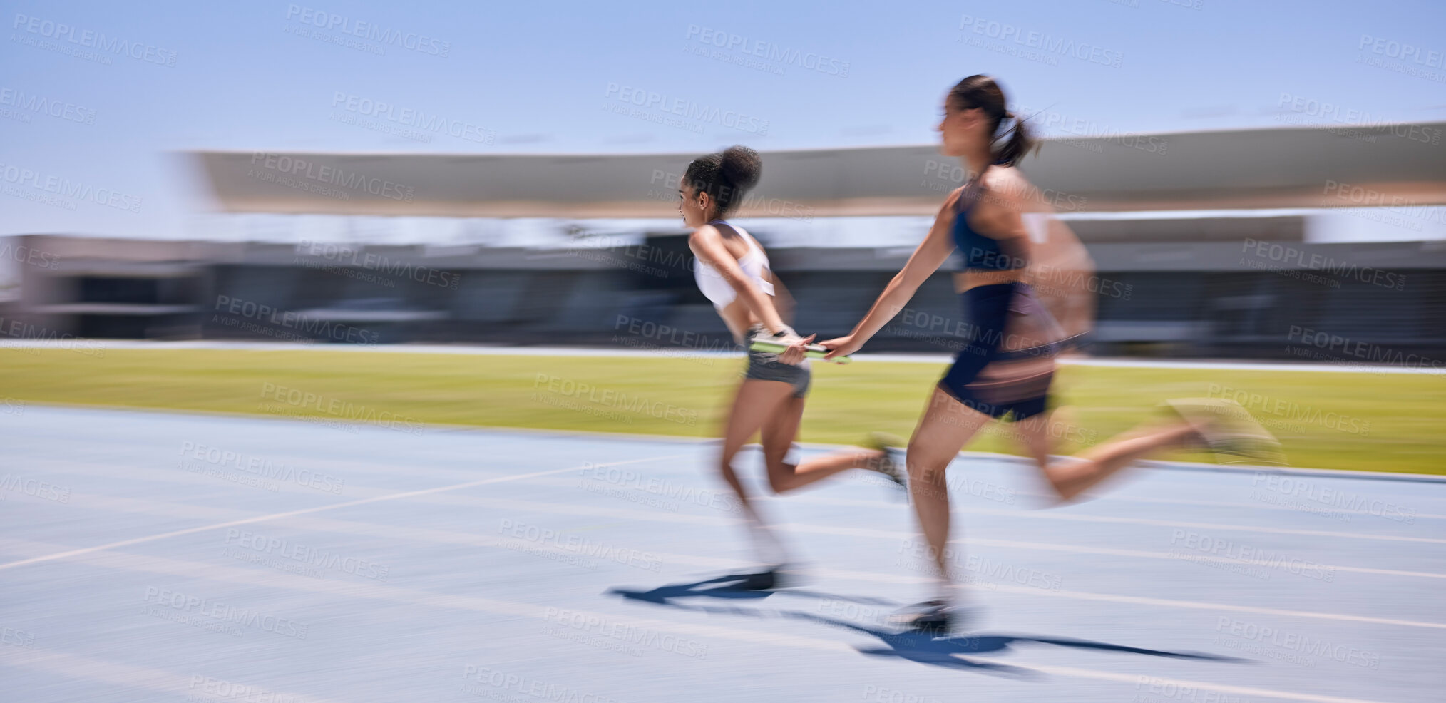 Buy stock photo Speed race, relay and woman running in marathon competition, sports event or high energy track sprint. Action, moving and teamwork of fast athlete, runner or women cardio training for France olympics