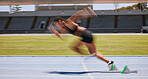 Fitness, run and fast blur athlete running on a race track for sports, athletics and exercise on the track. Workout, training and cardio jogging with sportswoman racing or sprinting outside 