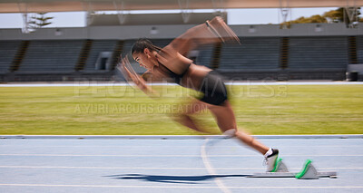 Buy stock photo Fitness, run and fast blur athlete running on a race track for sports, athletics and exercise on the track. Workout, training and cardio jogging with sportswoman racing or sprinting outside 