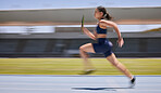 Fitness, speed and runner, woman running relay race with athlete and training on stadium track for sports and cardio. Marathon, energy and athletic female, sport and workout run with active life.