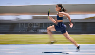 Buy stock photo Fitness, speed and runner, woman running relay race with athlete and training on stadium track for sports and cardio. Marathon, energy and athletic female, sport and workout run with active life.
