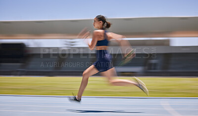 Buy stock photo Woman, motion blur or running on stadium track in fitness training, workout or exercise for race, marathon or competition challenge. Runner, sports athlete or fast movement and speed in energy cardio