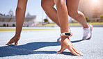 Woman athlete, runner and start training, fitness and exercise for race, marathon and running on track outdoor.  Sports, challenge and speed with sport person with cardio for competition at olympics