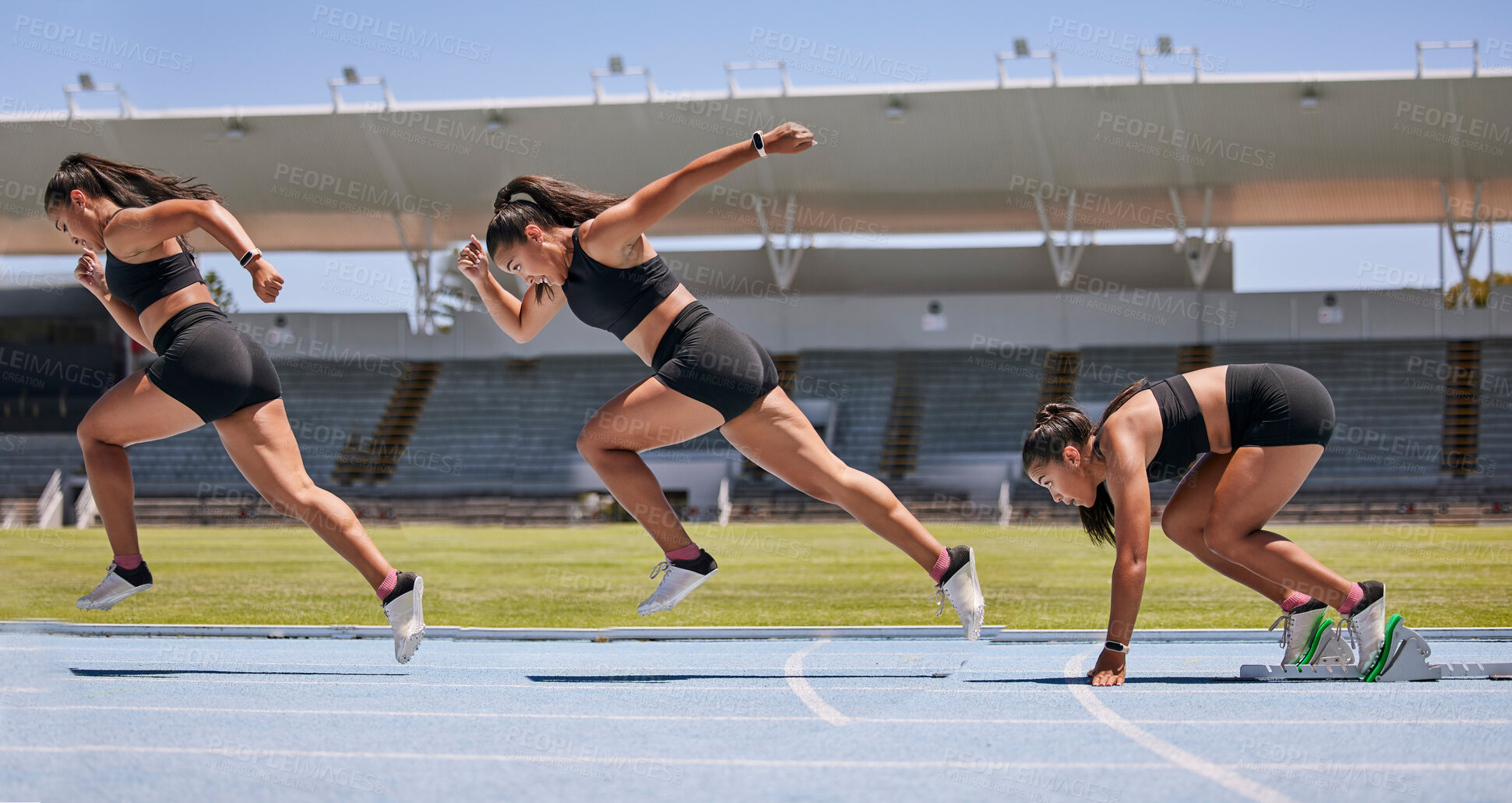 Buy stock photo Athlete, running sequence or fitness training, stadium track exercise or workout race for marathon, competition or sports event. Runner, woman or sprinting speed composite in energy, power or arena