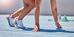 Start, track race and legs of runner, woman or athlete ready for fitness running, sprint training or marathon workout. Motivation, exercise and sports girl prepare for cardio, contest or competition