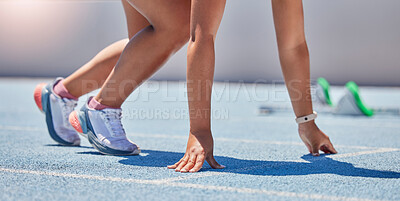 Buy stock photo Start, track race and legs of runner, woman or athlete ready for fitness running, sprint training or marathon workout. Motivation, exercise and sports girl prepare for cardio, contest or competition