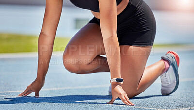 Buy stock photo Athlete, starting line and sports track with runner outdoor for fitness, exercise and training for a race, marathon or competition. Closeup of woman runner ready to run for speed, energy and workout
