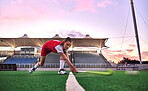 Sports, hockey and woman in stadium training for game, match or competition. Fitness, healthcare and hockey player outdoors on grass field practicing, exercise or workout with ball and hockey stick.