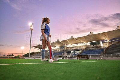 Buy stock photo Hockey, stadium and woman sports training, thinking of game strategy and goal fitness health on green pitch field with sunset sky. Young teenager or athlete girl with training gear for competition