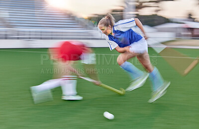 Buy stock photo Hockey, women and sports speed on field for athlete team  playing in competition tournament. Fitness, ground and workout of girl sport people playing outdoor stadium game with motion blur.