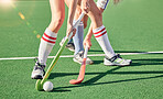 Hockey stick, hockey ball and turf competition, sports games and challenge on grass field, pitch and outdoor. Women team, field hockey players and contest, action and training match on stadium arena 