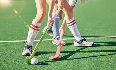 Buy stock photo Hockey stick, hockey ball and turf competition, sports games and challenge on grass field, pitch and outdoor. Women team, field hockey players and contest, action and sport training on stadium arena 